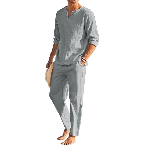COOFANDY Men's 2 Pieces Cotton Linen Set Henley Shirt Long Sleeve and Casual Beach Pants Summer Yoga Outfits