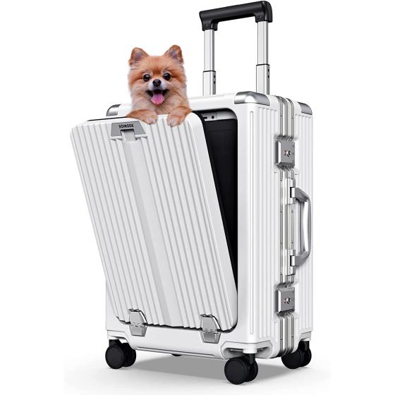 SOMODE Airline Approved Carry On Luggage with Spinner Wheels,Aluminum Framed Carry On Suitcase with Front Open Laptop Compartment/Pocket 22×14×9 inch Large Checked-in Luggage(White)