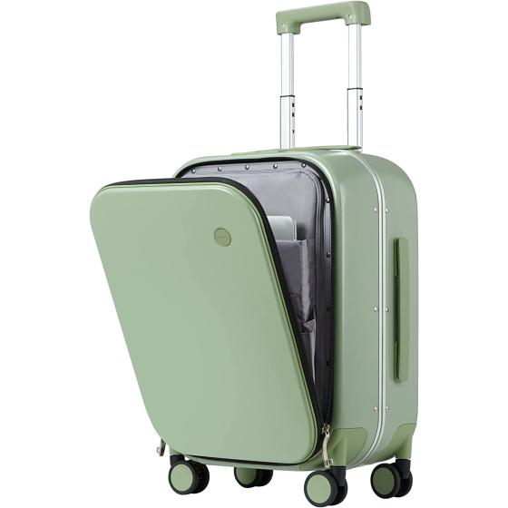 Carry On Luggage, 20'' Suitcase with Front Laptop Pocket, Travel Rolling Luggage Aluminum Frame PC Hardside with Spinner Wheels & TSA Lock and Cover - Avocado Green
