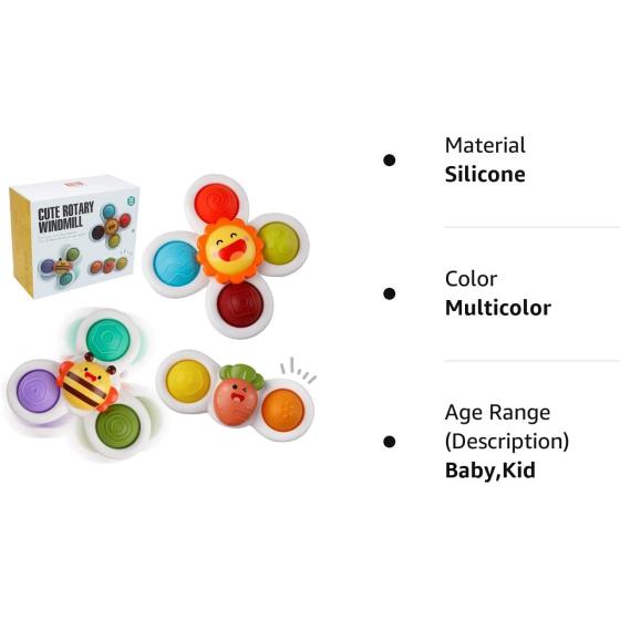 Outgeek Suction Cup Spinner Toys: 3PCS Kids Spinning Top Toys Baby Dimple Toy Sensory Toys Fidget Spinners Suction Cup Babies Bath Toys Gift Toys for Toddlers (Second Edition) (White)