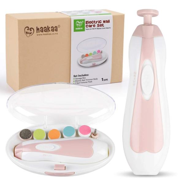 haakaa Baby Nail Trimmer Electric Safe Baby Nail Clippers Baby Nail File Kit Manicure Set, Trim Polish Grooming kit for Newborn Toddler or Adults Toes Fingernails, 6 Grinding Heads and LED Light, Pink