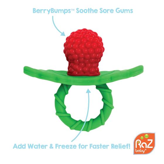 RaZbaby RaZberry Silicone Baby Teether Toy - Berrybumps Soothe Babies Sore Gums - Infant Teething Toy - Hands Free Design - BPA Free - Easy-to-Hold Design - Teething Relief Pacifier - Fruit Shape/Red