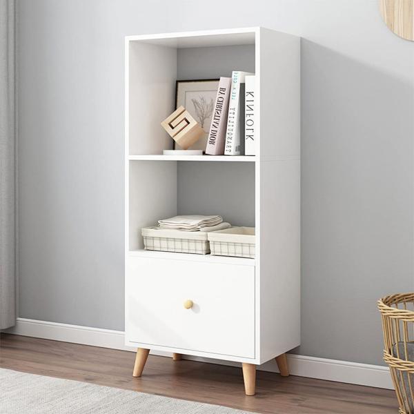 IOTXY 3-Tier Open Shelves Bookcase - 47 Inches Height Modern Floor Standing Cubes Wooden Low Bookshelf with Storage Drawer and Legs, Oak