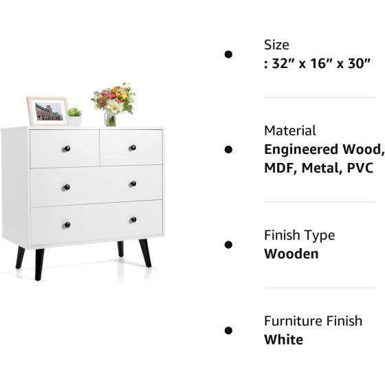 Tangkula 4 Drawer Dresser， Wooden Chest of Drawers， Freestanding Storage Cabinet with Legs &amp; Metal Handles， Modern Storage Drawer for Bedroom， Living Room， Cloakroom， Nursery Room (White)