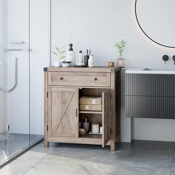 HOSTACK 2 Door Modern Farmhouse Storage Cabinet， Wood Kitchen Buffet Sideboard with Drawer and Shelf， Floor Cabinet Cupboard for Entryway Living Dining Room Bathroom，Gray