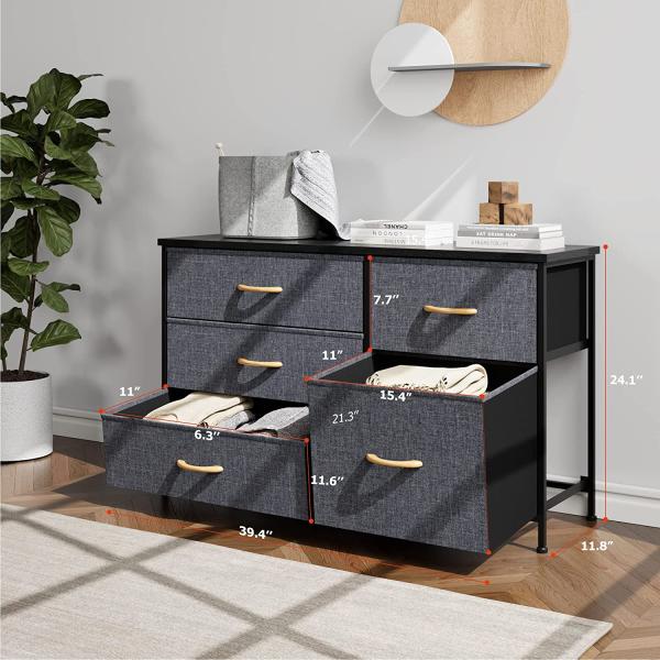 Nicehill Dresser for Bedroom with 5 Drawers， Storage Drawer Organizer， Wide Chest of Drawers for Closet， Clothes， Kids， Baby， TV Stand with Storage Drawers， Wood Board， Fabric Drawers(Black Grey)
