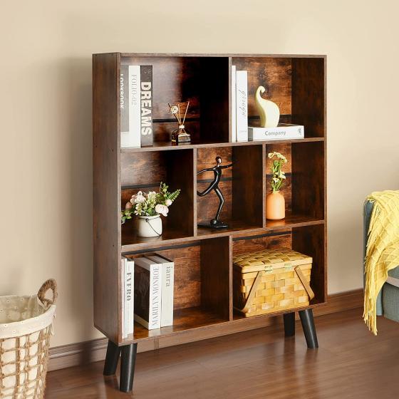 LEYAOYAO Cube Bookshelf 3 Tier Mid-Century Modern Bookcase with Legs,Retro Wood Bookshelves Storage Organizer Shelf,Freestanding Open Book Shelves,Rustic Brown Bookcases for Bedroom,Living Room,Office