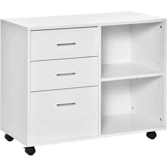 HOMCOM Indoor Office Filing Cabinet with 3 Storage Drawers, Open Shelving, & 4 Caster Wheels for Easy Rolling, Black