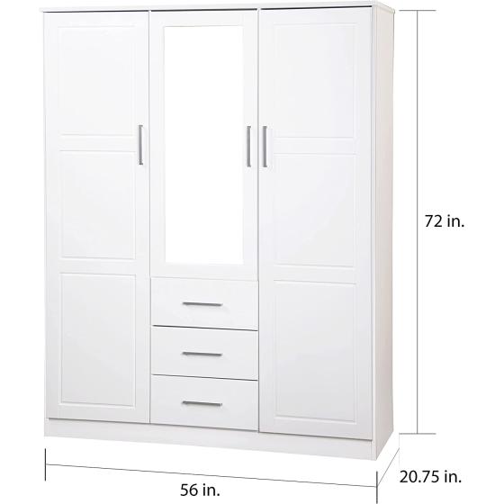 Palace Imports Cosmo Solid Wood 3-Door Wardrobe with Mirror and 3 Drawers, White. Additional Shelves Sold Separately.