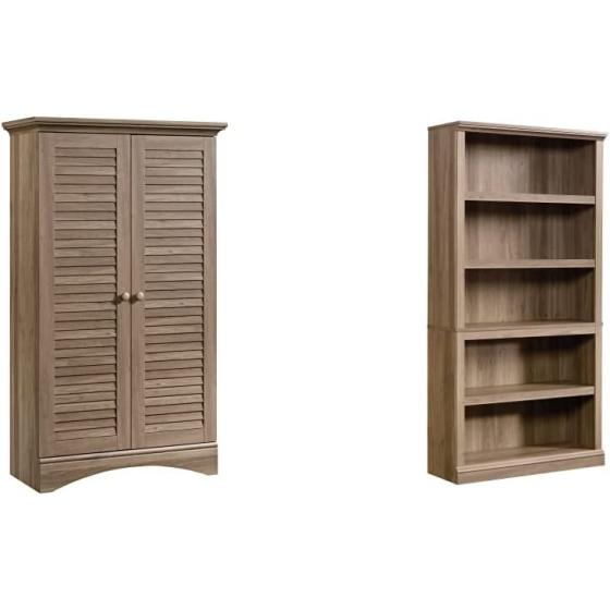 Sauder Harbor View Storage Cabinet， L: 35.43" x W: 16.73" x H: 61.02"， Antiqued White Finish