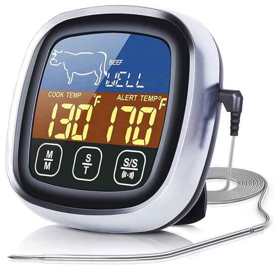 Pilita Digital Meat Thermometer for Cooking, 2022 Upgraded Touchscreen LCD Large Display Instant Read Food with Backlight, Long Probe, Kitchen Timer, BBQ, Oven, Silver