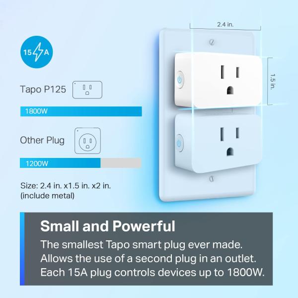 TP-Link Tapo Apple HomeKit Smart Plug Mini, Compact Design, 15A/1800W Max, Super Easy Setup, Works with Siri, Alexa & Google Home, UL Certified, 2.4G Wi-Fi Only, White, Tapo P125(2-Pack)